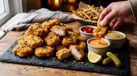 5K Ultra HD PC desktop wallpaper and background of golden chicken nuggets on a slate platter with dipping sauces, lemon, pickles and fries; hand dunking a nugget into spicy sauce.