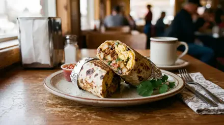 5K Ultra HD PC desktop wallpaper showing a breakfast burrito cut in half on a plate with a coffee cup and a cozy diner interior in soft focus background.