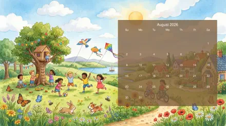 August 2026 calendar on a 5K Ultra HD PC desktop wallpaper: sunlit meadow with children playing by a treehouse, kites, butterflies, rabbits, wildflowers and rolling hills.