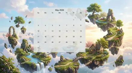 May 2026 calendar over a 5K Ultra HD PC desktop wallpaper: fantasy floating islands with waterfalls, winding paths and a cottage, soft sky and sunlight.