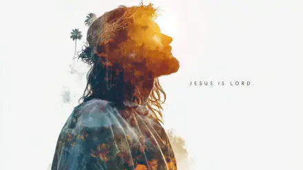 Double-exposure 2K Quad HD desktop wallpaper of Jesus in profile, layered with landscapes and sunlight, minimalist white background with centered text JESUS IS LORD.