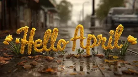 2K Quad HD PC desktop wallpaper: Hello April spelled in yellow tulip blooms on a rain-slick sidewalk, fallen leaves and puddles reflecting soft spring light.