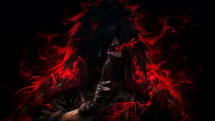 Madara Uchiha (Naruto) in red-and-black, Sharingan glowing, dark cloak and swirling red chakra—2K Quad HD PC desktop anime wallpaper/background.