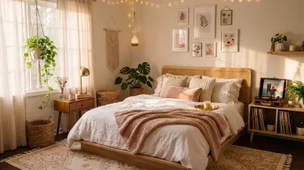 Aesthetic bedroom in warm neutrals with layered bedding, plants, macramé and string lights — 5K Ultra HD PC desktop wallpaper and background.