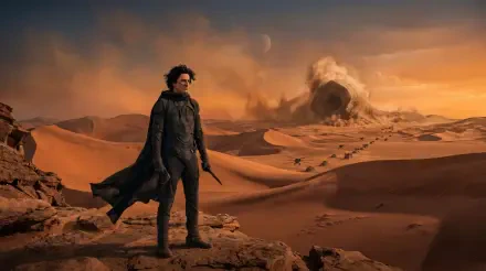 Dune (2021) 5K Ultra HD PC desktop wallpaper/background: lone figure in a dark coat on a rocky dune, tracks leading to a sandworm erupting beneath an orange, moonlit desert sky.