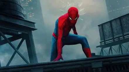 Spider-Man: Brand New Day — Spider-Man crouches on a foggy rooftop beside water towers with a distant city skyline, 4K Ultra HD PC desktop wallpaper background.