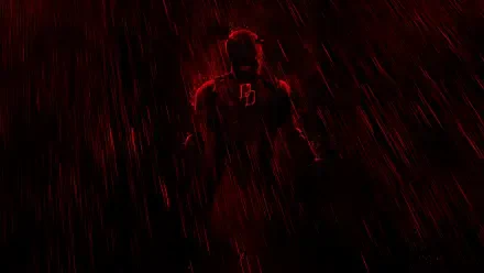 Daredevil: Born Again 5K Ultra HD PC desktop wallpaper — red-lit silhouette of Daredevil in the rain with a glowing DD emblem on his chest.