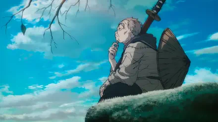 Hell's Paradise samurai sensei in anime style pondering on a grassy cliff, katana and straw hat by his side — 2K Quad HD PC desktop wallpaper/background.