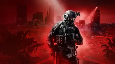 4K Ultra HD PC desktop wallpaper of a Ready or Not video game soldier in tactical gear, backlit by a red urban skyline and city lights.