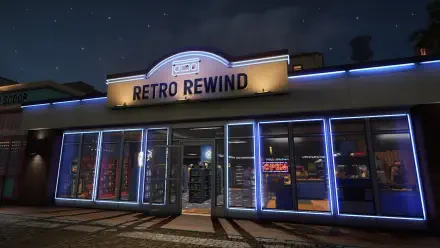 Neon-lit Retro Rewind video store at night, storefront and display windows — HD PC desktop wallpaper for Retro Rewind: Video Store Simulator (simulation game background).
