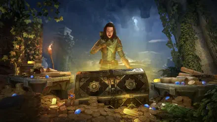 2K Quad HD PC desktop wallpaper/background from the video game The Elder Scrolls Online: a robed adventurer opens a glowing treasure chest overflowing with gold and gems in a candlelit ruin.
