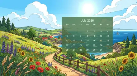 5K Ultra HD PC desktop wallpaper and background: colorful coastal countryside with wildflowers, winding dirt path and sea; translucent July 2026 calendar centered.