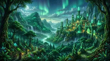 5K Ultra HD PC desktop wallpaper: fantasy emerald-green castle perched beside misty mountains, glowing towers and lush forest under an aurora-lit sky.