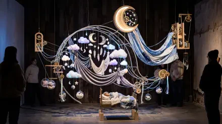Sleepcore 5K Ultra HD PC desktop wallpaper and background — a surreal bedroom installation: a bed under a glowing crescent, hanging clouds, stars and draped fabric evoking deep sleep.