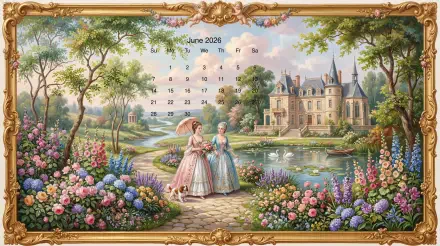 June 2026 calendar 5K Ultra HD PC desktop wallpaper: ornate framed pastoral scene with two women in 18th-century dresses by a flowered pond, swans and a château in the background.