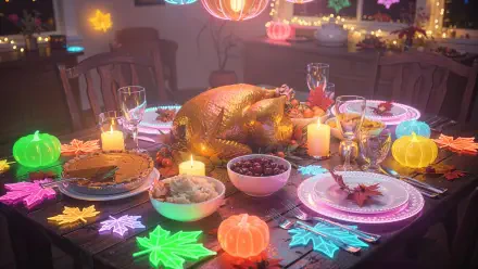 Aesthetic Thanksgiving table with golden roast turkey, pie, candles and colorful neon leaf lights — 4K Ultra HD PC desktop wallpaper/background evoking warm, cozy holiday ambiance.