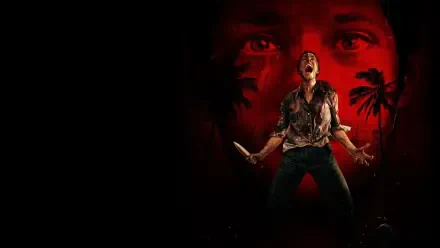 Send Help 4K Ultra HD PC desktop wallpaper and background: a screaming person clutching a knife before a looming red face and silhouetted palm trees, tense horror atmosphere.