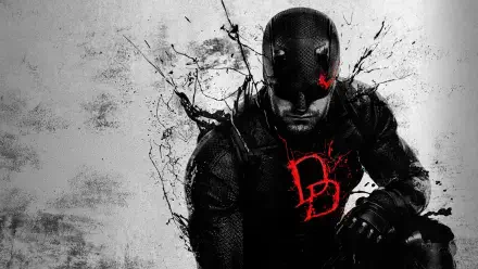 Daredevil: Born Again 4K Ultra HD PC desktop wallpaper — gritty black-and-white portrait of masked Daredevil with a red DD chest emblem and a single red glowing eye.