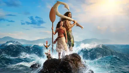 Moana (Live Action) and Maui stand on a rocky outcrop as waves crash beneath a sunlit sky — 5K Ultra HD PC desktop wallpaper and background