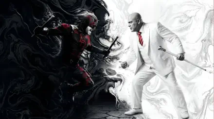 Daredevil: Born Again 2K Quad HD PC wallpaper — red-clad Daredevil faces a white-suited adversary amid swirling black-and-white smoke, both poised to strike.