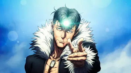 Jujutsu Kaisen 3rd Season 5K Ultra HD PC wallpaper: Ryu Ishigori with pompadour, fur-collared coat pointing at viewer against bright blue bokeh background.