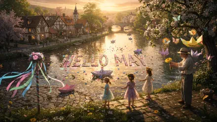 4K Ultra HD PC desktop wallpaper: sunlit riverside village at golden hour, children launching paper boats that spell HELLO MAY on the water, cherry blossoms and festive ribbons.