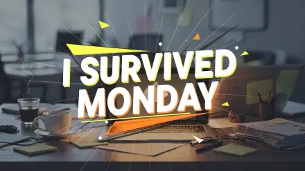 Bold I SURVIVED MONDAY text over a messy desk with laptop, coffee and scattered papers — 4K Ultra HD PC desktop wallpaper and background.