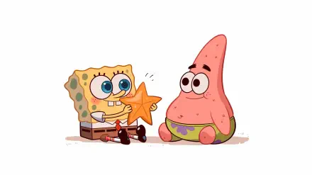 Cute 2K Quad HD PC desktop wallpaper of cartoon characters SpongeBob SquarePants and best friend Patrick Star sitting as SpongeBob offers a starfish, both smiling