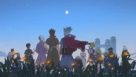 Anime Dr. Stone HD PC desktop wallpaper background: characters stand with backs to viewer in a moonlit field of glowing flowers, silhouettes against a clear dusk sky and distant ruins.