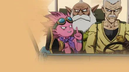 Sand Land 4K Ultra HD PC wallpaper: three characters in a vehicle — a pink goggle-wearing imp gesturing, a white-bearded elder, and a stern driver against a sandy backdrop.