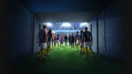 Ted Lasso–themed 4K Ultra HD PC desktop wallpaper: soccer players walk through a tunnel into a brightly lit stadium, ready for kickoff.