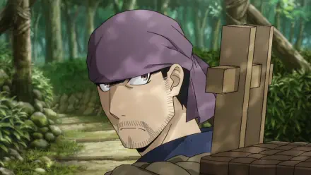 HD anime desktop wallpaper: bearded man in a purple headscarf, carrying a wooden cross on his back, glancing over his shoulder on a sunlit forest path — Daemons of the Shadow Realm.