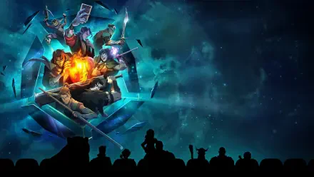 4K Ultra HD PC desktop wallpaper: a fiery-armored hero and companions bursting from a crystalline portal into a teal starfield, silhouetted crowd along the bottom.