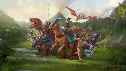Ark (TV Show) 4K Ultra HD PC desktop wallpaper: armored riders and tamed dinosaurs — T. rex, triceratops, raptors, pteranodons — traversing a lush valley under a cloudy sky.