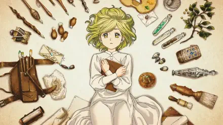 Anime HD PC wallpaper of Coco (Witch Hat Atelier): Coco lies on parchment, arms crossed, surrounded by brushes, vials, spell tools and herbs.