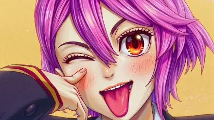 5K Ultra HD PC wallpaper of Aira Shiratori (Dandadan): cute pink‑haired anime girl winking and sticking out her tongue in a playful close-up.