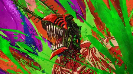Chainsaw Man splash art: Denji in chainsaw demon form, bloody teeth and blades amid vivid green, purple and red paint splashes — 5K Ultra HD PC wallpaper.