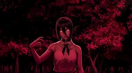 Sinister Reze from Chainsaw Man as an anime girl devil with glowing eyes, menacing pose against a blood-red forest — 5K Ultra HD PC wallpaper