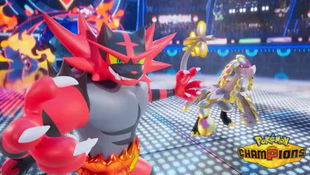 HD PC desktop wallpaper from the video game Pokémon Champions: Incineroar roars in the foreground while Kommo-o prepares an attack in a glowing stadium arena.