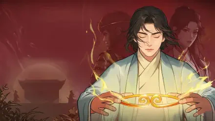 HD PC desktop wallpaper: Han Li from A Record of a Mortal's Journey to Immortality, serene in robes holding a glowing golden circlet against a crimson backdrop with shadowed figures.
