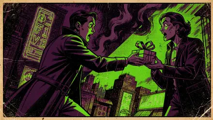 Stylized noir illustration of two suited figures exchanging a glowing wrapped gift amid neon-green smoke and a gritty city skyline — 4K Ultra HD PC desktop wallpaper.