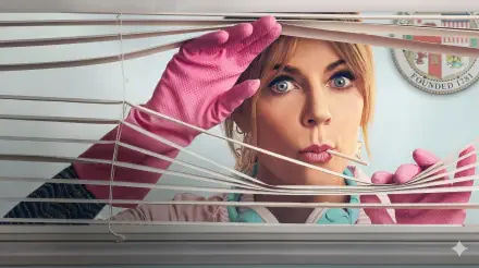 HD PC desktop wallpaper from the TV show High Potential: a surprised woman in pink rubber gloves peeks through blinds, close-up on her wide, expressive eyes.