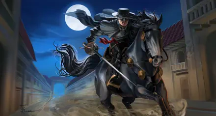 2K Quad HD PC desktop wallpaper: Zorro-style masked character horseback riding through a moonlit western town, sword drawn in a dramatic digital painting.