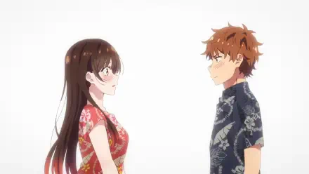 HD PC desktop wallpaper of Rent-A-Girlfriend anime: Chizuru Ichinose in a red floral dress and Kazuya Kinoshita in a dark patterned shirt facing each other on a clean white background.