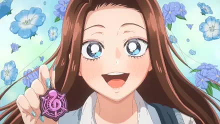 Anime HD PC desktop wallpaper: Kei Amane from Gals Can't Be Kind to Otaku!? smiles with long brown hair and blue eyes, holding a pink treble-clef charm against a blue floral background.