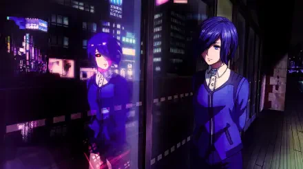 Touka Kirishima from Tokyo Ghoul: an anime ghoul standing by a neon city window at night, her reflection on the glass — 5K Ultra HD PC desktop wallpaper.