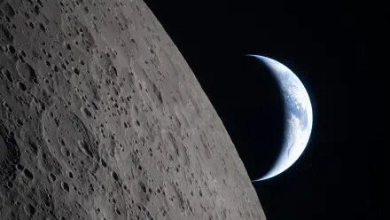 4K Ultra HD PC wallpaper: cratered Moon in foreground with crescent Earth from space, Artemis II.