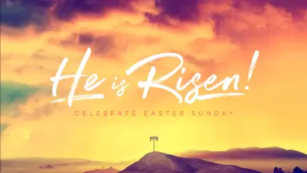 2K Quad HD PC desktop wallpaper: religious Easter holiday scene—dramatic sunrise over a hill with silhouetted cross and bold script He Is Risen!