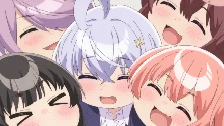 Anime Yowayowa Sensei HD PC desktop wallpaper of five blushing, smiling characters — a white-haired central figure with a star clip surrounded by four joyful classmates in a close group.