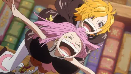 HD PC desktop wallpaper of One Piece anime: Jewelry Bonney and Lilith (One Piece) laughing and embracing in a playful hug against colorful bookshelves background.